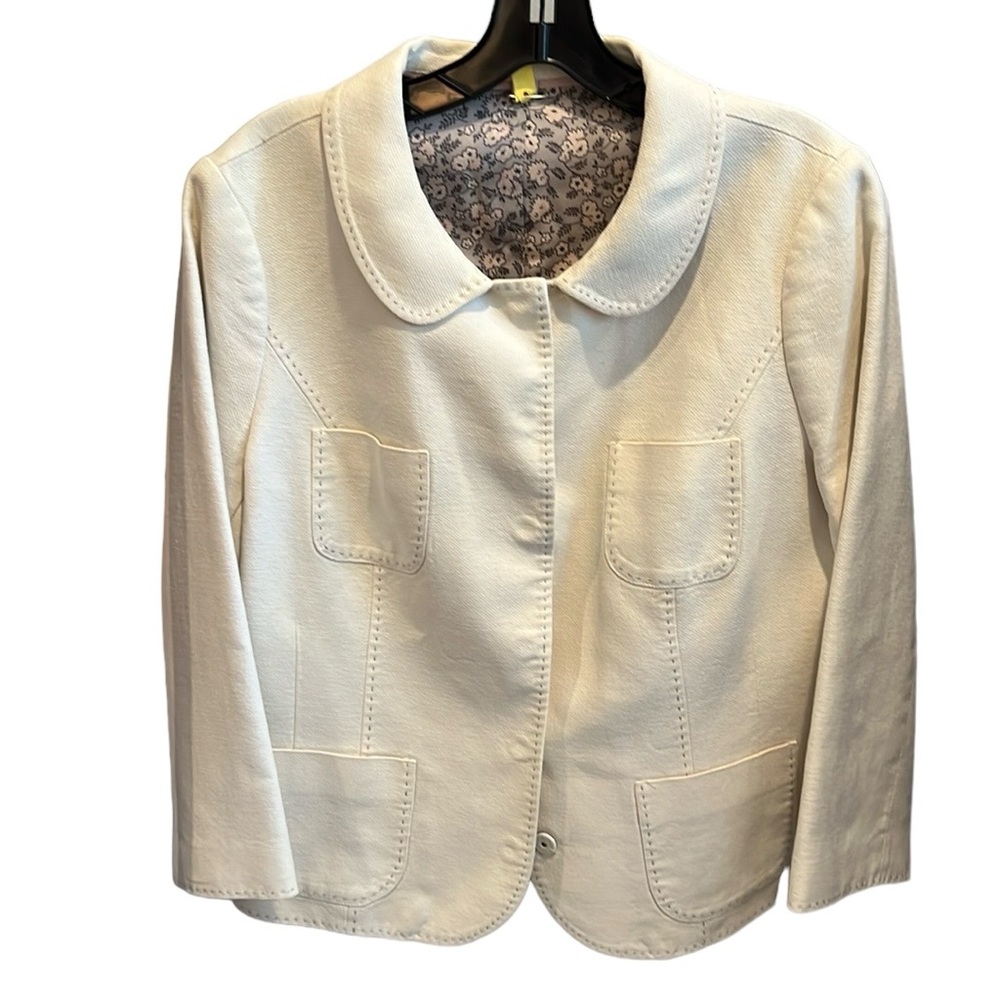 EUC BODEN jacket in linen/cotton blend. Creamy white, pick-stitched in grey